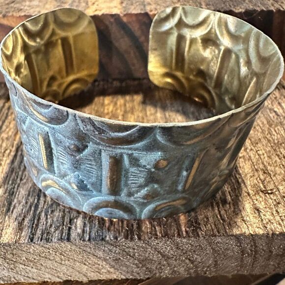 Handcrafted Artesian Boho Brass Patina‎ Bracelet, Aqua Sacred Geometry Allover, - Picture 2 of 8